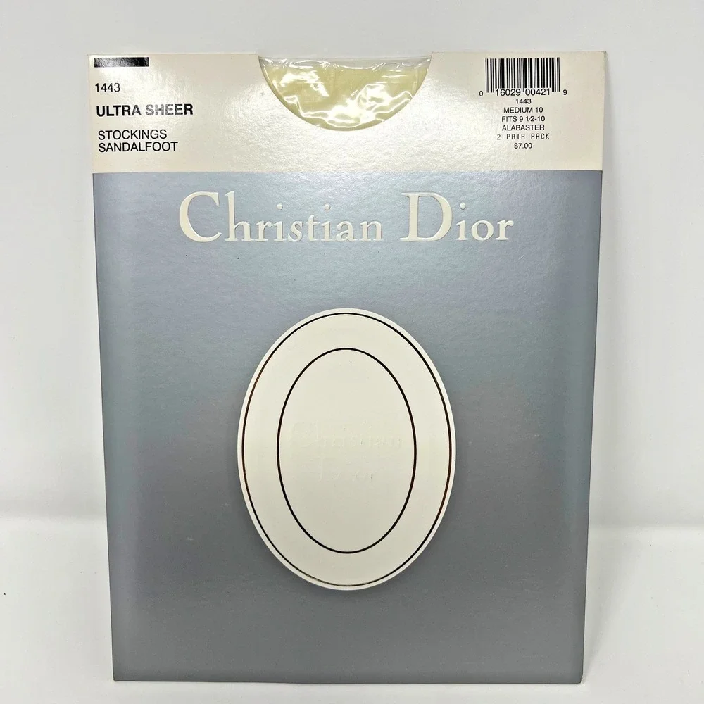VTG Christian Dior 1443 Ultra Sheer Stockings Sandalfoot Alabaster M 10 NOS